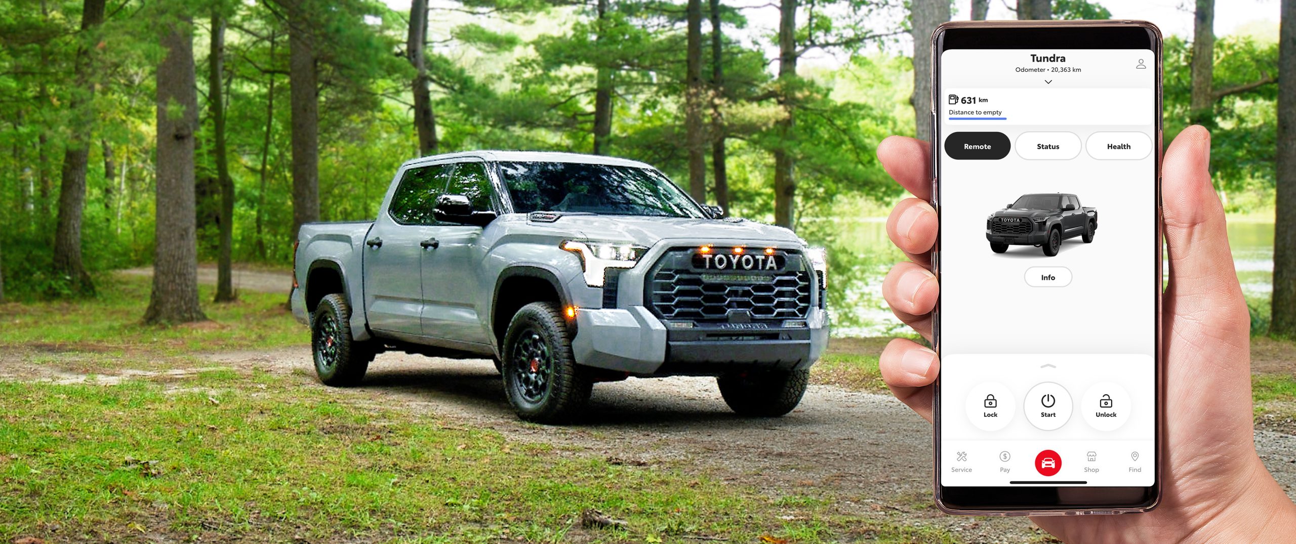 hand hold cellphone toyota remove connect tundra forest